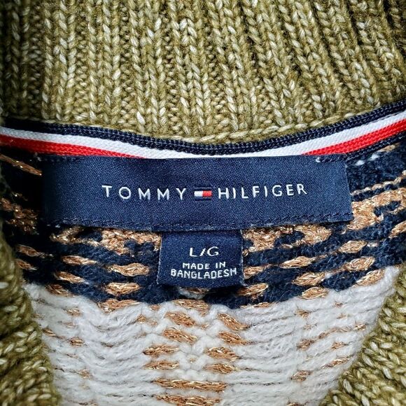 TOMMY HILFIGER Metallic Ribbed Trim Fair Isle Pattern Pullover Sweater Size L - Picture 4 of 7
